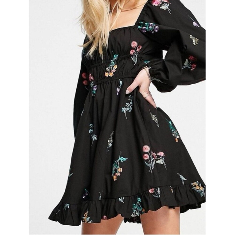ASOS Botanical Black Floral Embroidered Smocked Waist Puff Sleeve Mini Dress 2